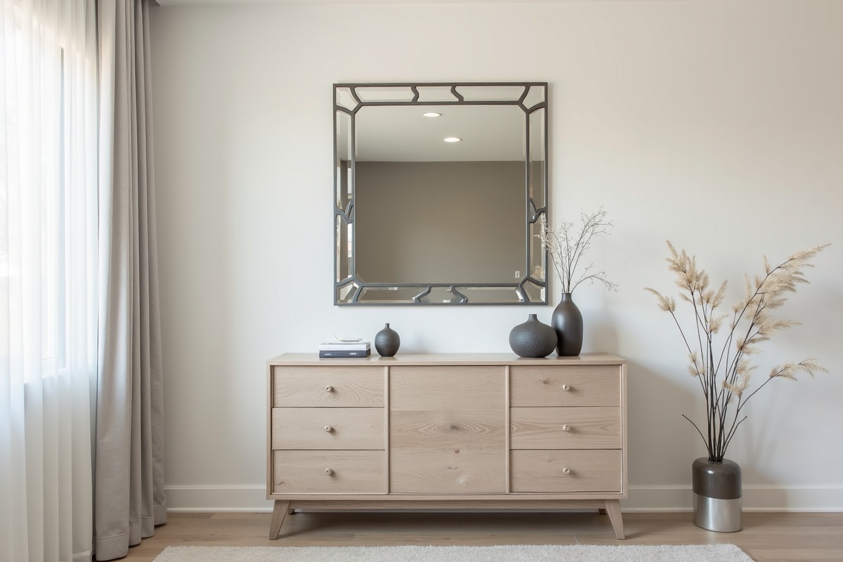 Decorative frameless beveled mirror installed above a dining room buffet in a DFW home showing proper sizing relative to furniture