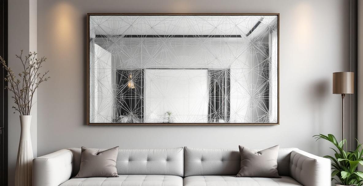 Large decorative mirror with beveled edge installed in a DFW living room as a dramatic focal point above a console table