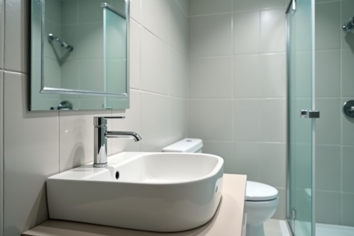Washroom interior with sink and tap on counter near mirror showing properly sealed bathroom fixtures where regular maintenance prevents water damage and leaks