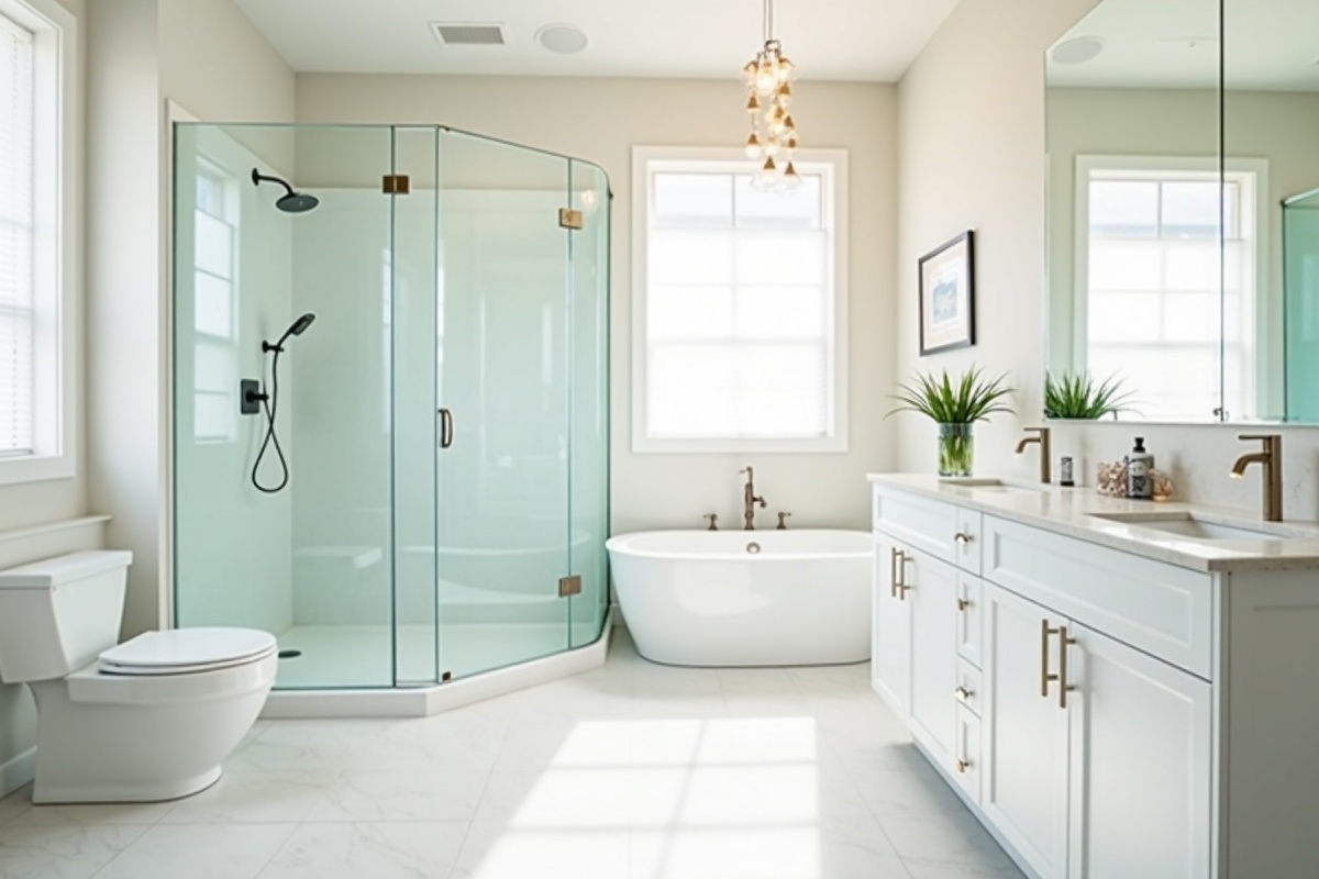 Bright modern master bathroom with frameless glass shower enclosure photographed for a DFW real estate listing showing how glass enclosures improve listing photography