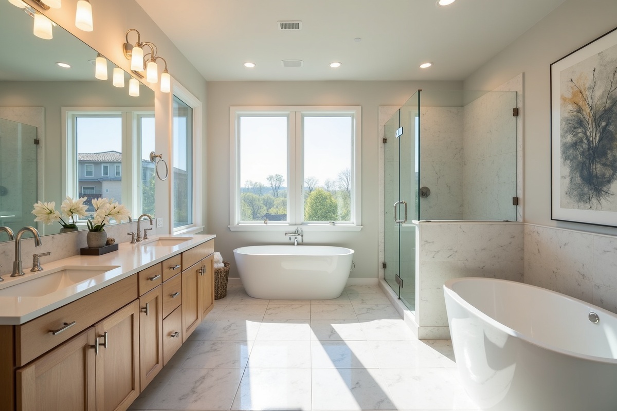 Spacious DFW master bathroom with frameless glass walk-in shower and premium tile work demonstrating the bathroom quality level that commands higher offers from buyers
