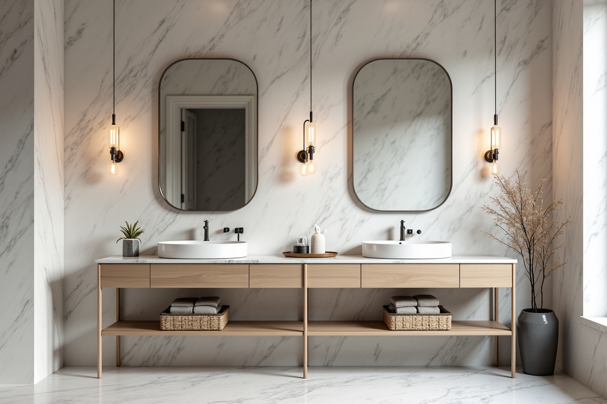 Double vanity bathroom configuration with marble surface and shelving showing proportional sink and mirror spacing in a modern DFW home