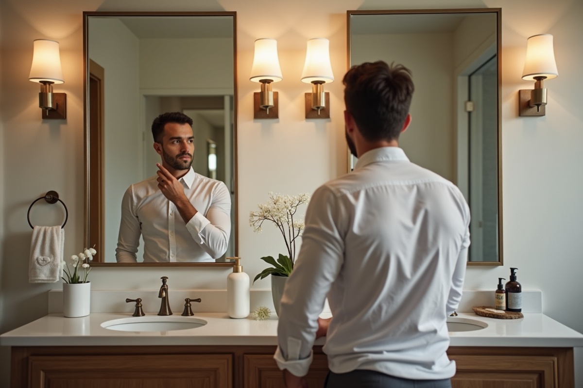 Man using one of a pair of matched vanity mirrors in a DFW master bathroom showing dual-user workflow with proper sink and mirror alignment