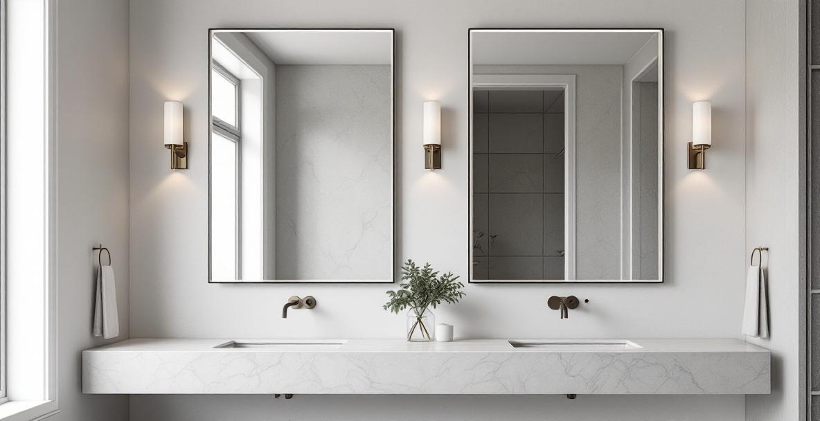 Double vanity mirror installation with two matched framed mirrors centered above dual sinks in a luxury DFW master bathroom with marble walls