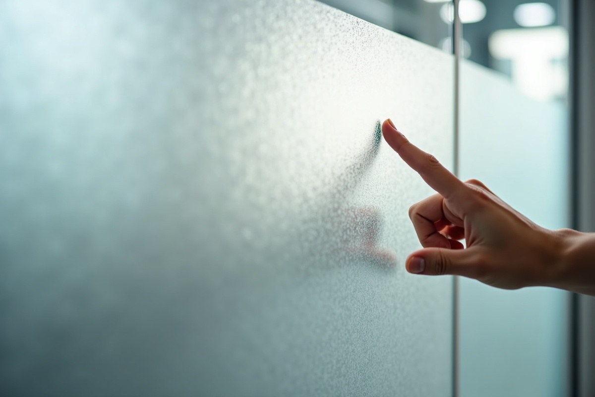 Hands pressed against a frosted etched glass panel showing the silky matte texture characteristic of acid-etched glass compared to the coarser finish produced by sandblasting