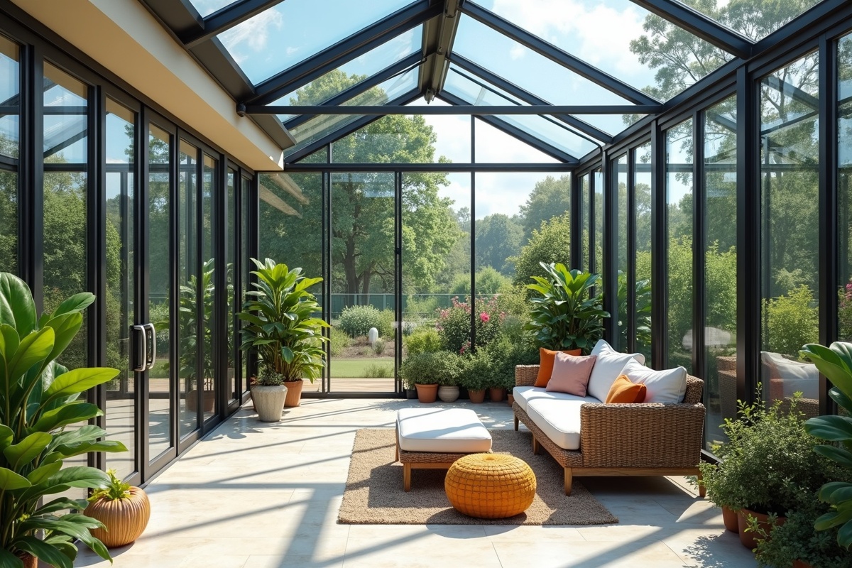 Glass-enclosed conservatory style room with large glass panels creating a year-round outdoor living space protected from weather and insects