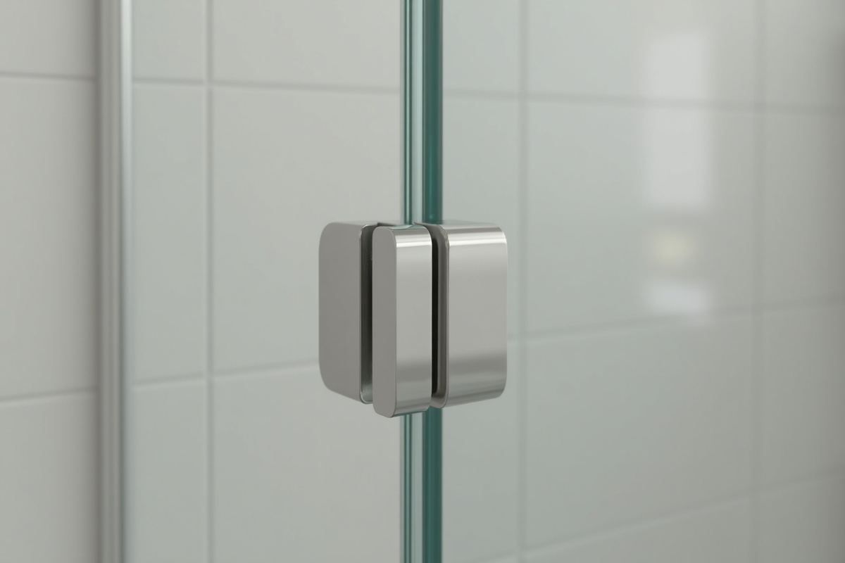 Close-up of frameless glass shower door hardware with brushed nickel hinges mounted to tile wall
