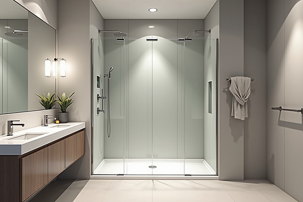 Spacious walk-in shower with large frameless glass panels and modern fixtures in a renovated bathroom