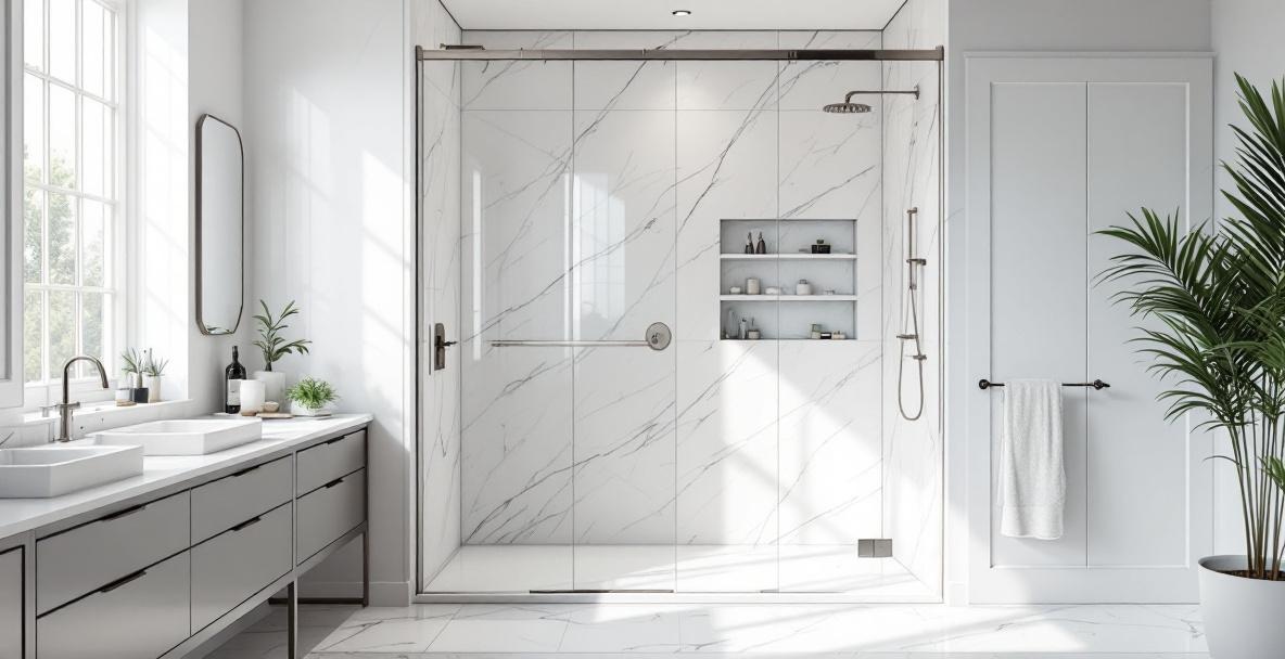 Contemporary bathroom featuring a frameless glass shower door with clean minimal hardware and white tile