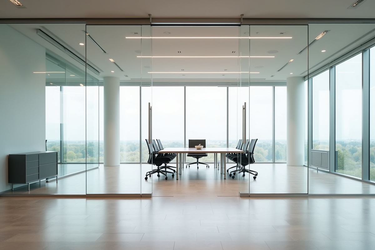 Spacious DFW conference room with floor-to-ceiling frameless glass doors and walls showing premium hardware, minimal metal, and uninterrupted sight lines across office space