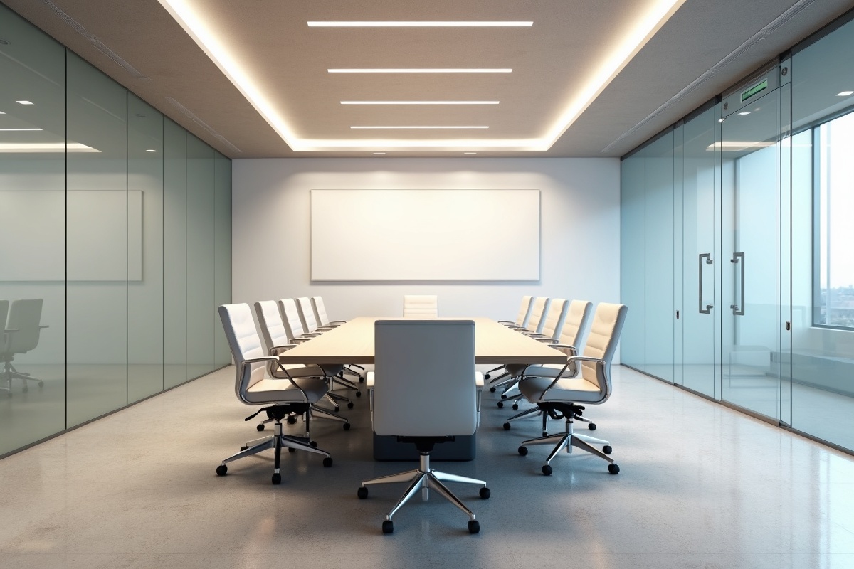 Sleek modern DFW conference room interior with minimalist design, office chairs, large meeting table, and frameless glass partition walls visible around perimeter