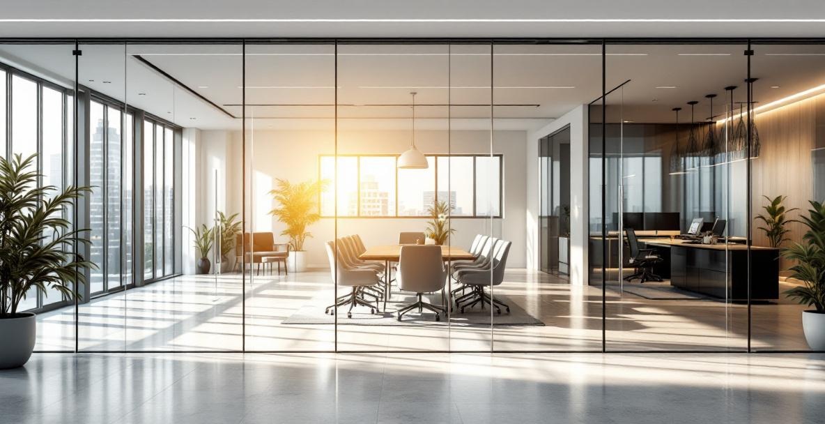Modern DFW office center corridor showcasing frameless glass wall office system with orange accent sofa, polished surfaces, and bright interior lighting
