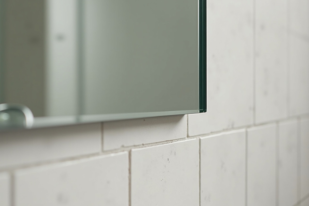 Close-up of frameless mirror flat polished edge showing the clean 90-degree finish against a bathroom tile wall in DFW