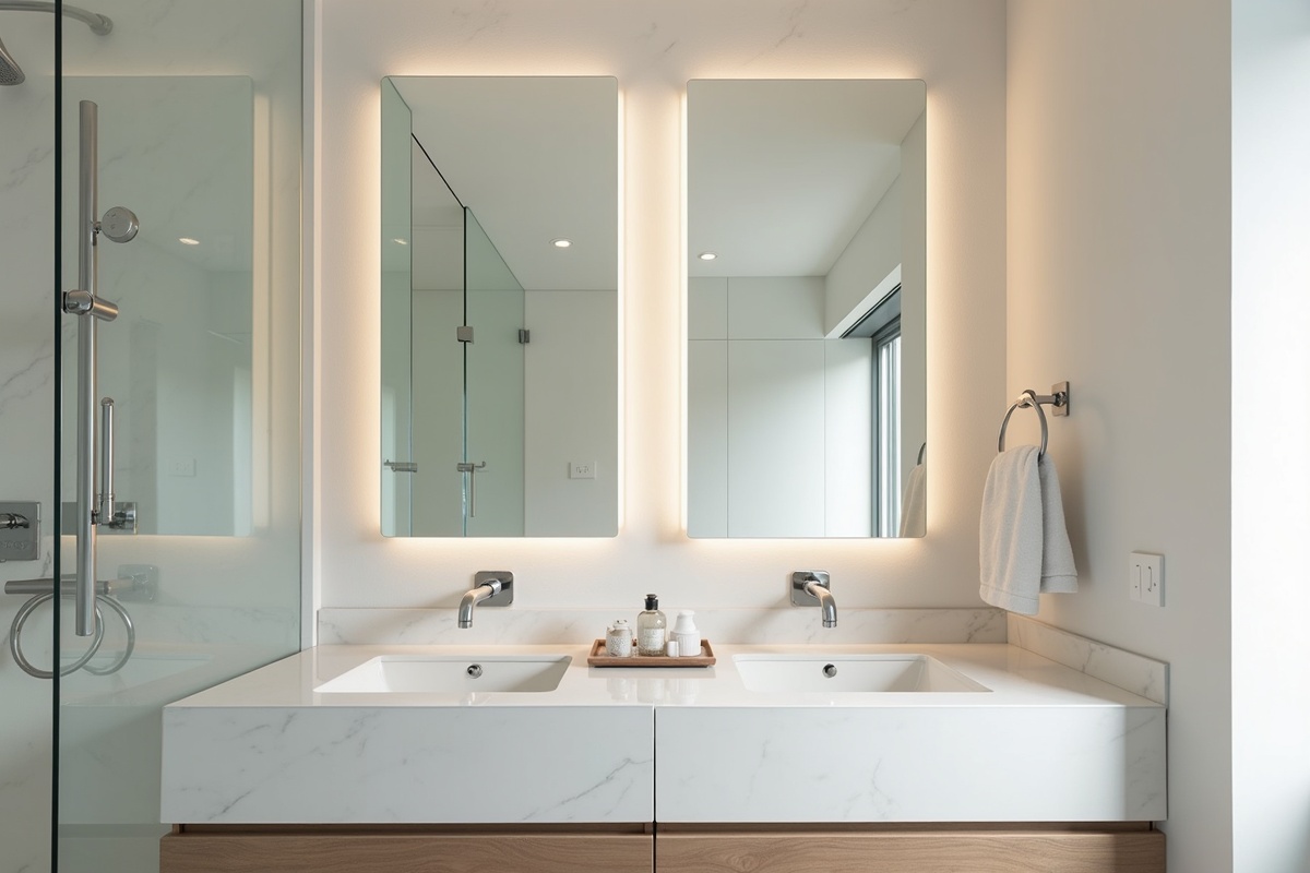 Frameless mirror installed in a DFW bathroom above a double vanity with proper J-clip mounting for safety and durability