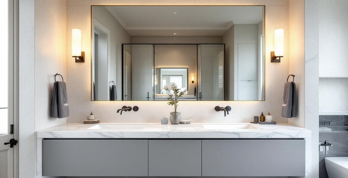 Large frameless mirror professionally installed in a Dallas-Fort Worth bathroom with polished edges and no visible frame