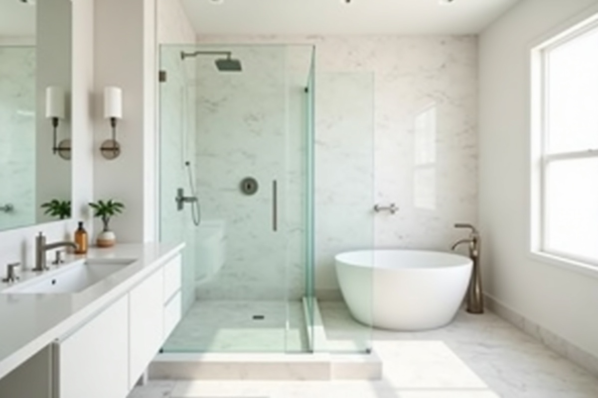 Clean frameless glass shower panel with brushed hardware in a bright Texas bathroom with neutral tile walls