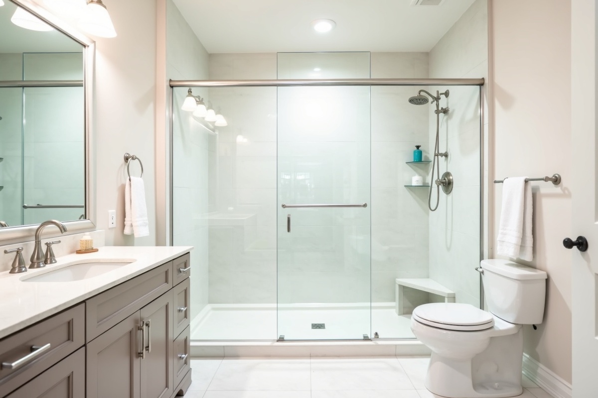 Bright bathroom with completed frameless shower door installation and modern fixtures in a Texas home