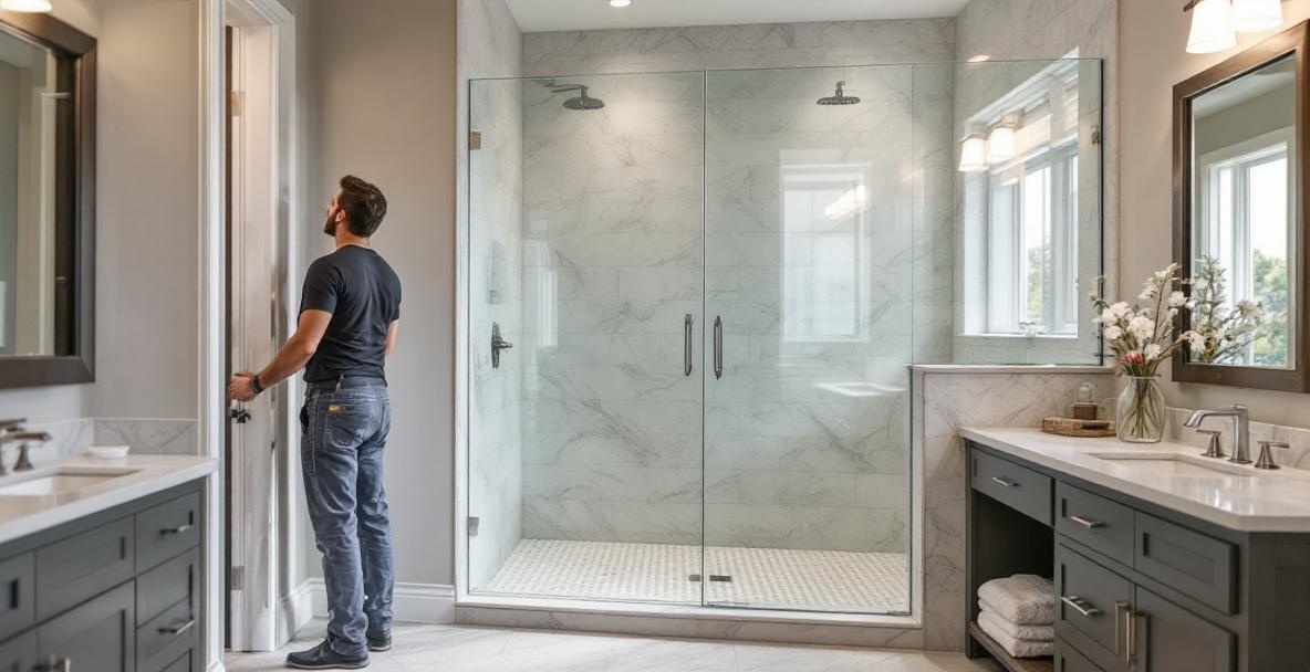 Modern frameless glass shower door in a luxury Texas bathroom with clean lines and minimal hardware