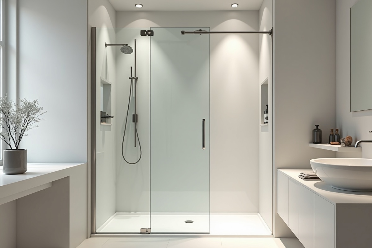 Luxury bathroom interior featuring a frameless glass shower enclosure where correctly installed side wipe seals bridge the small design gap between the door and the adjacent fixed glass panel