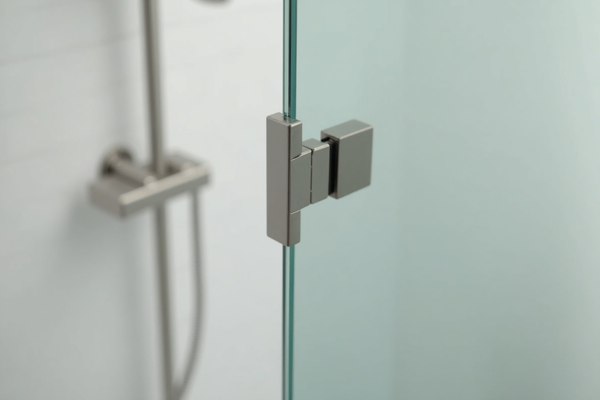 Frameless shower door wall-mount hinges in brushed nickel installed on tempered glass showing proper hardware specification