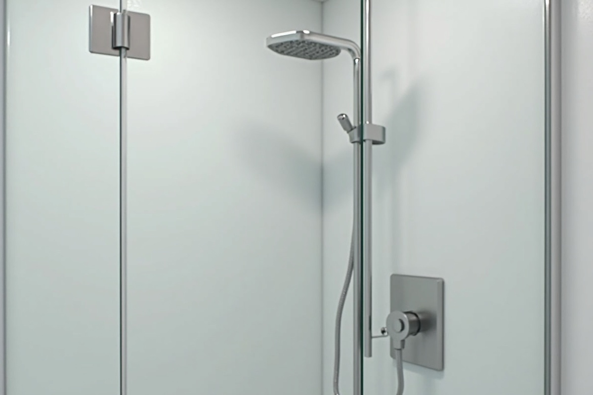 Complete frameless shower enclosure hardware set including hinges, clamps, towel bar handle, and seals ready for installation
