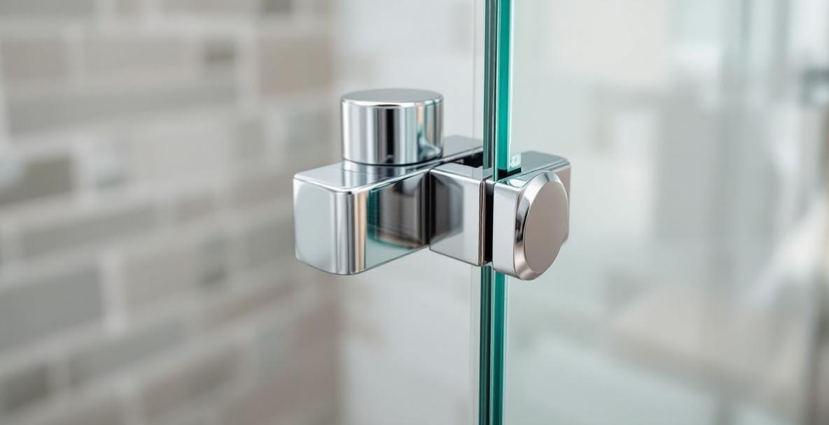 Complete frameless shower door hardware set including hinges, pulls, clamps, and sweeps laid out for a DFW shower installation