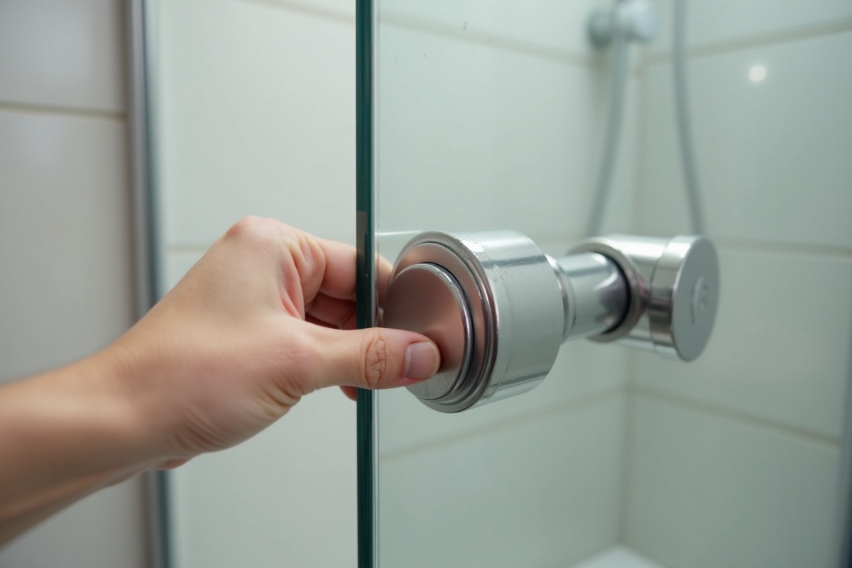 Close-up of bathroom hardware fixture being adjusted showing the type of metal components on frameless shower doors that require regular cleaning and inspection