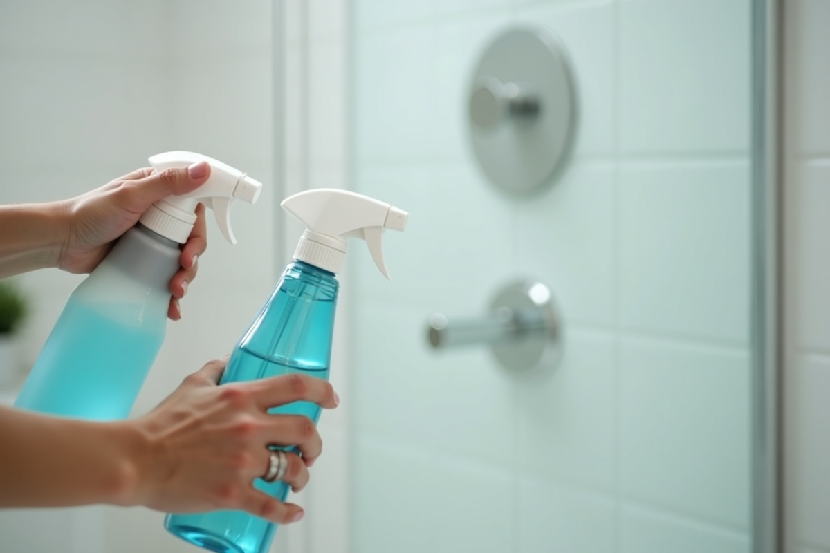 Person holding bathroom cleaning spray bottle showing the type of cleaning products used on glass shower doors and the importance of choosing finish-safe formulas