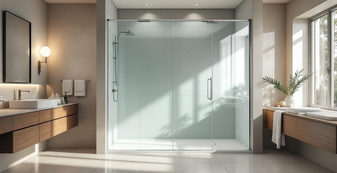 Person wearing yellow glove cleaning frameless glass shower door with squeegee demonstrating proper daily maintenance technique for DFW homeowners