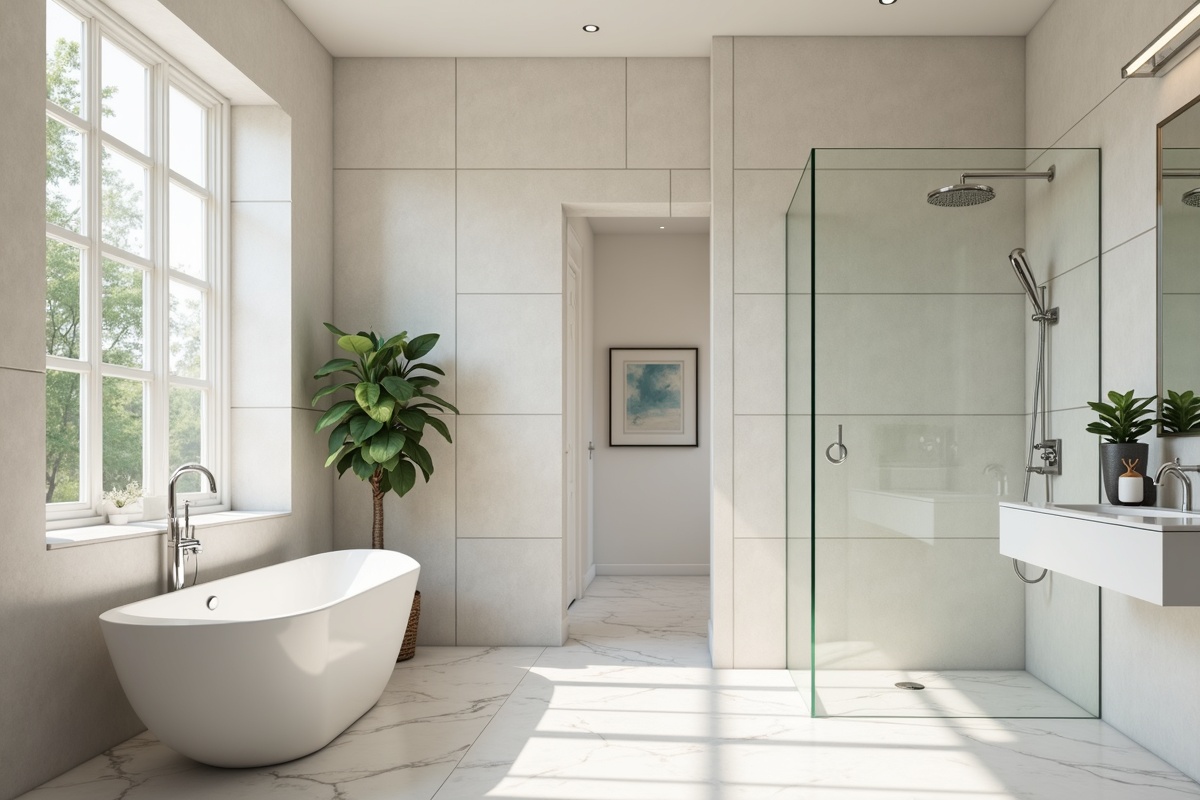 Spacious bathroom with thick glass shower enclosure and polished tile walls in a Dallas area home