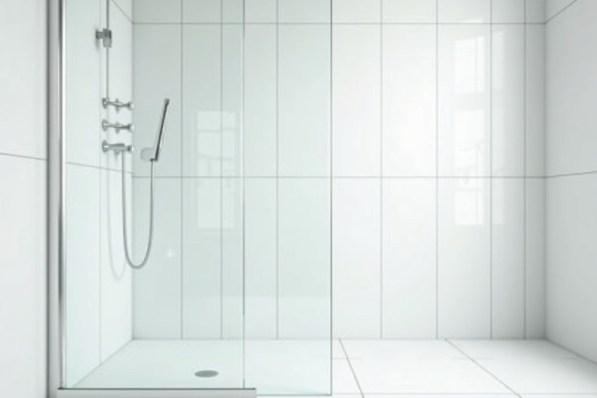 Modern frameless glass shower door with clean white tile walls showing the clean lines of thick tempered glass