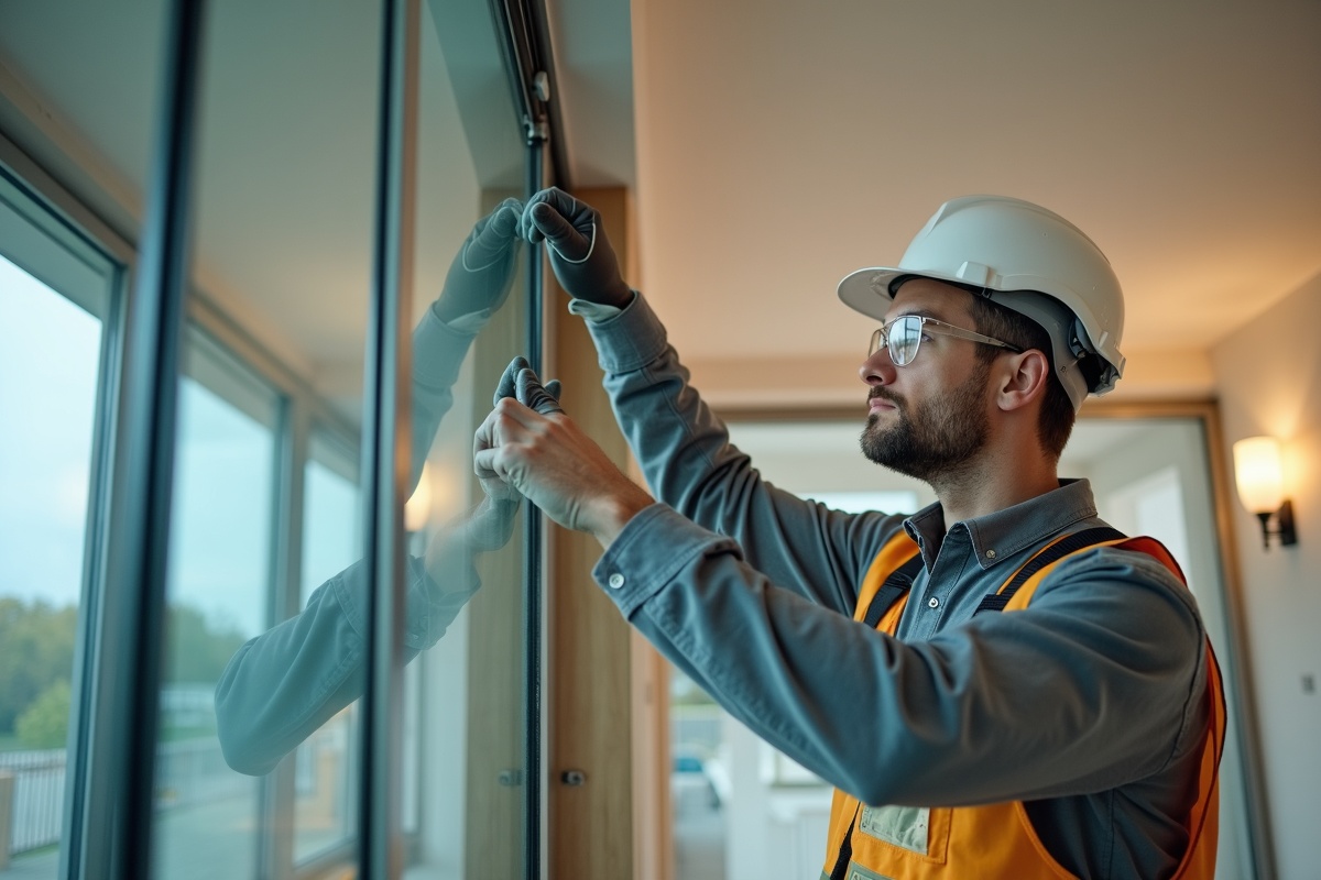 Professional glass installer in safety gear inspecting a glass panel during a residential installation project