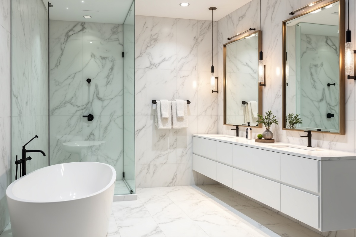 Newly remodeled bathroom with marble walls, frameless glass shower partition, and white vanity in a DFW home