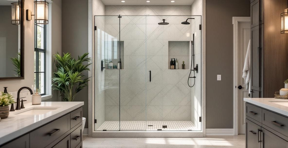 Luxury bathroom with frameless glass shower enclosure and marble tile walls in a modern Dallas home