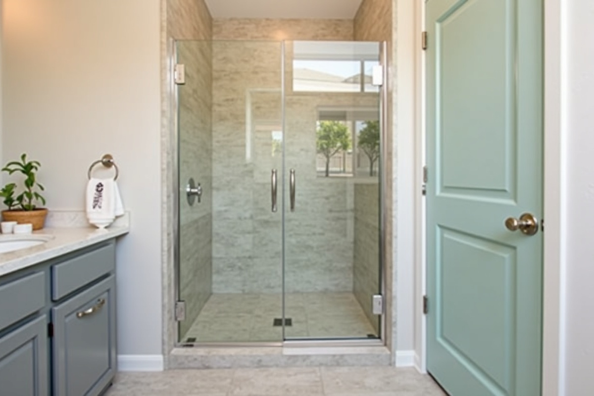 Frameless hinged shower door with brushed nickel hardware mounted on natural stone tile in a Grapevine TX bathroom remodel