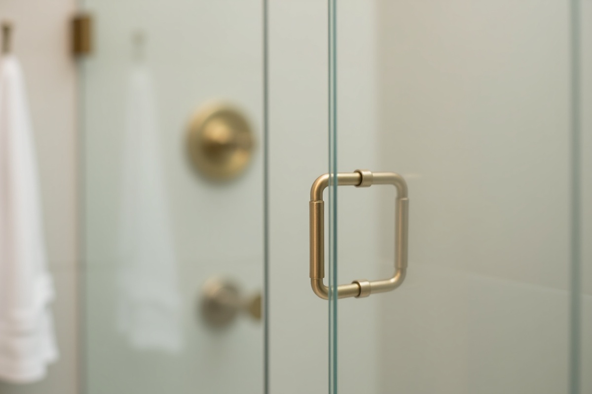 Brushed gold shower door hardware on a frameless glass enclosure in a Grapevine Texas transitional-style master bath