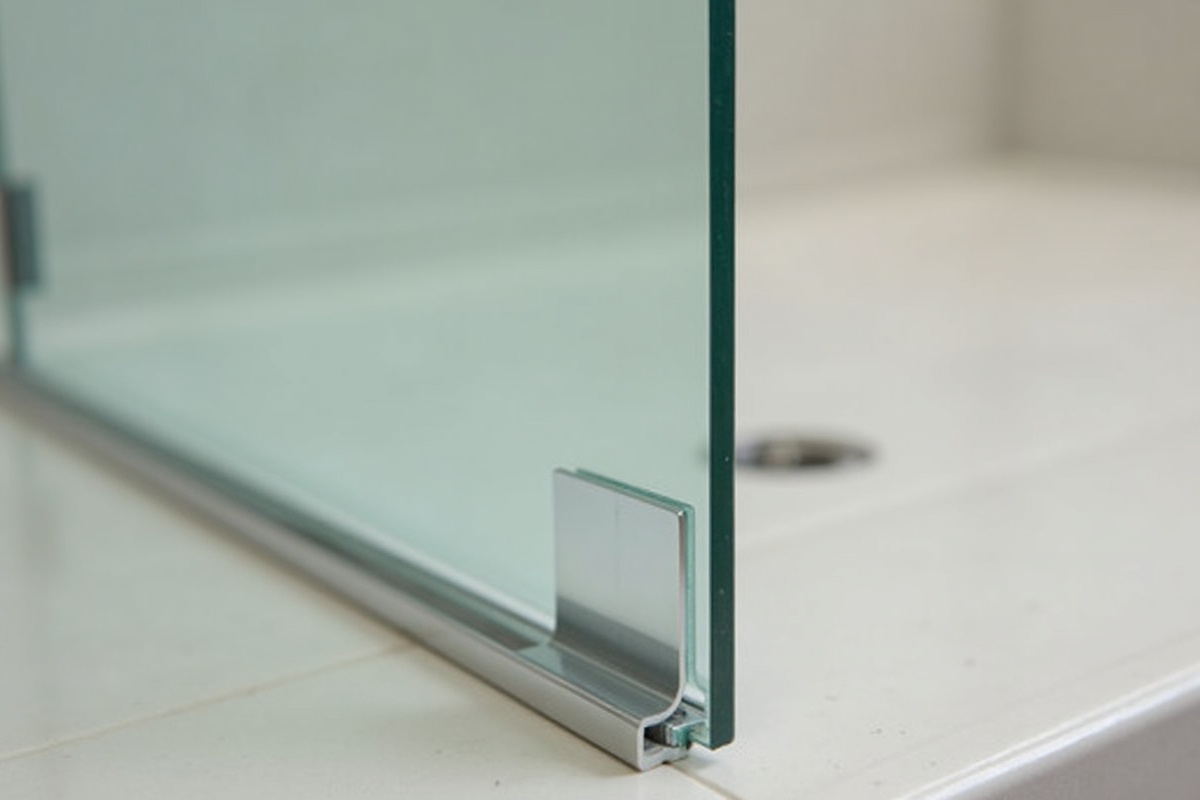 Mitered corner detail on frameless shower enclosure in Richardson TX showing glass-to-glass joint with minimal silicone line and no metal channel