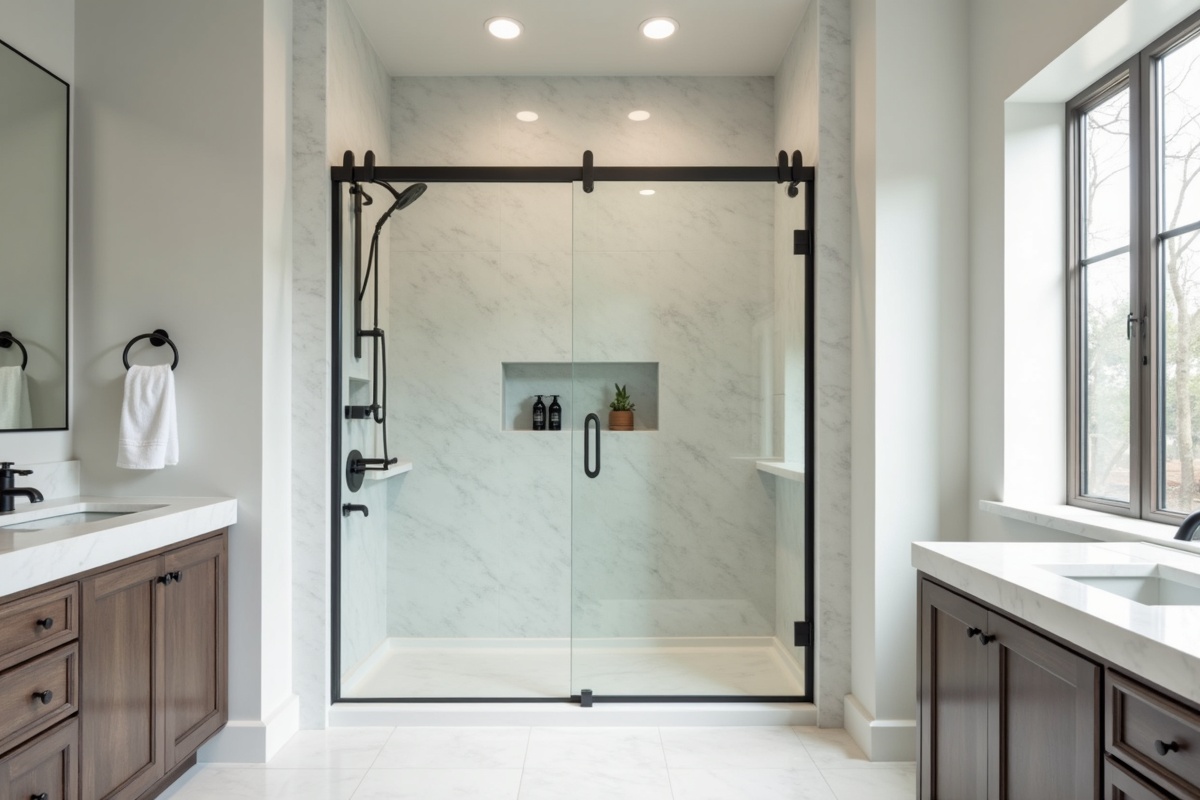 Frameless shower door with matte black hardware in a DFW master bathroom showing clean glass panel with no visible metal frame channels
