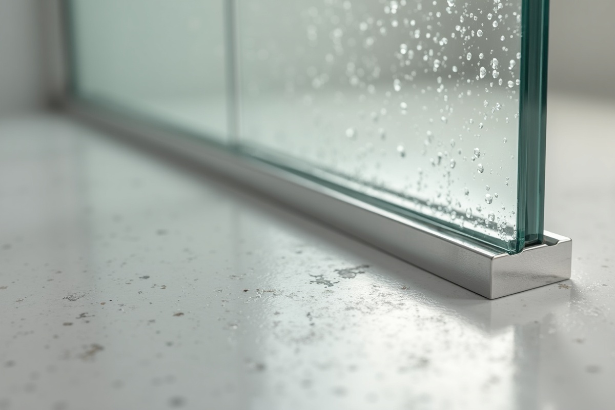 Framed shower door with aluminum channel frame showing the metal surround that collects mineral deposits in DFW hard water areas