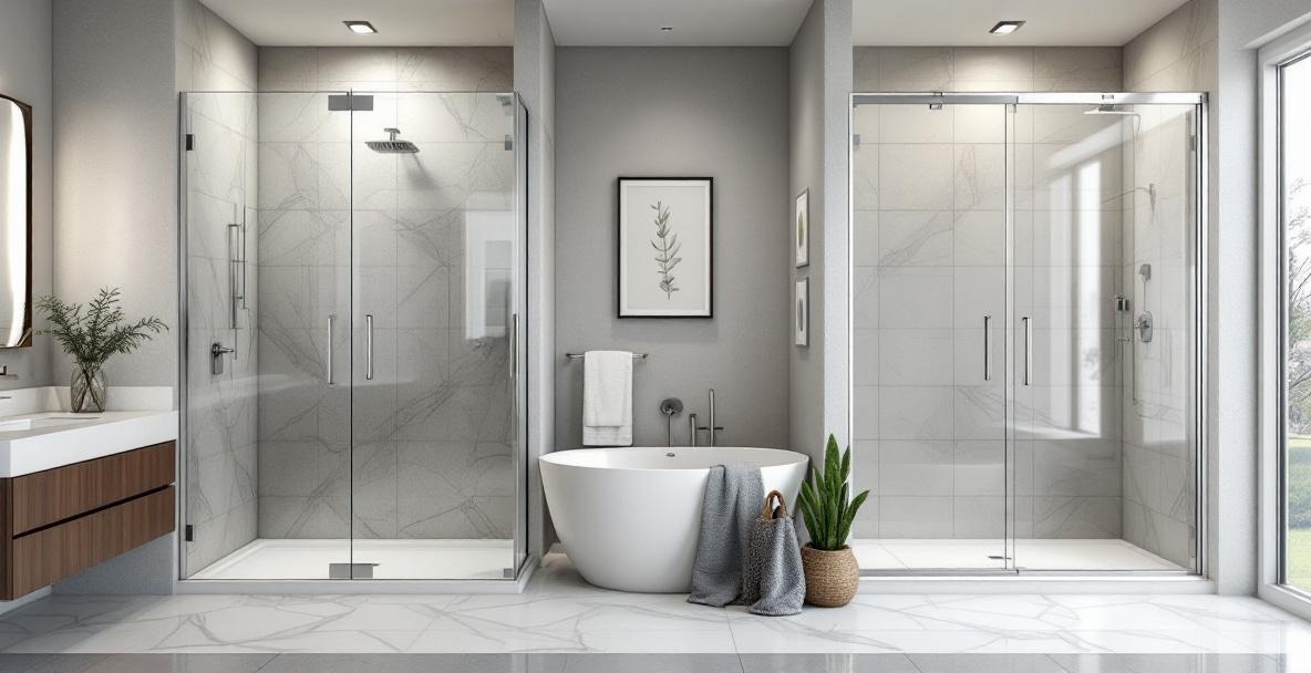 Side-by-side comparison of frameless and framed shower doors in DFW bathrooms showing clean frameless glass on left and aluminum-framed enclosure on right