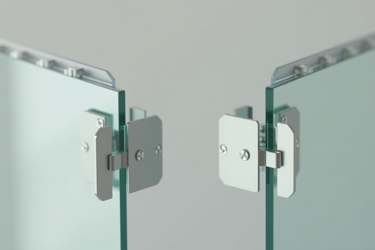 Close-up comparison of frameless shower hinge hardware versus semi-frameless top rail showing the difference in metal presence at the glass perimeter