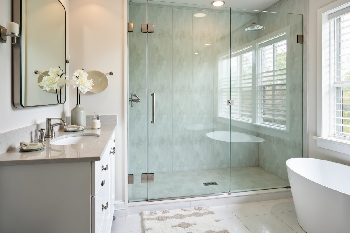 Completed semi-frameless shower installation in a DFW secondary bathroom showing the quality aesthetic at a lower price point than fully frameless