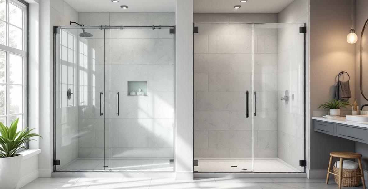 Side-by-side bathroom comparison showing a frameless hinged shower door on the left and a semi-frameless sliding door on the right illustrating the visual and cost differences