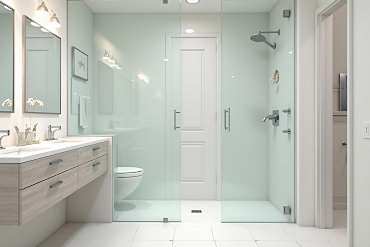 Spotless frameless glass shower enclosure with minimal chrome hardware in a contemporary DFW master bathroom showing the clean maintenance-free aesthetic