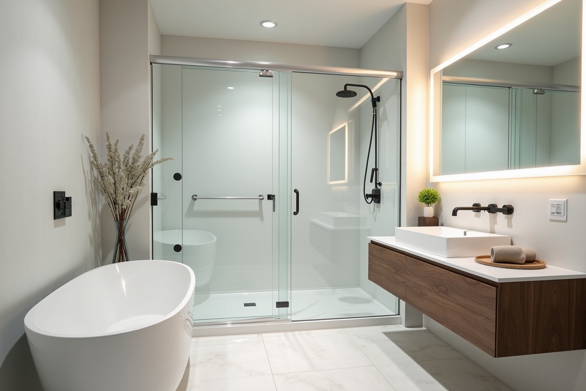 Compact bathroom with frameless glass shower enclosure showing how clear glass panels make a small DFW bathroom appear more spacious and open