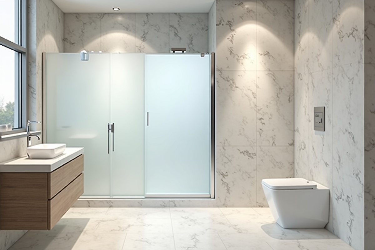 Bathroom with multiple privacy glass shower panel options displayed showing varying opacity levels from light frosting to near-opaque treatments in a DFW showroom