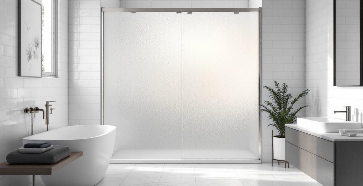 Modern bathroom with frosted glass shower door panel providing privacy while allowing natural light to pass through in a clean contemporary design