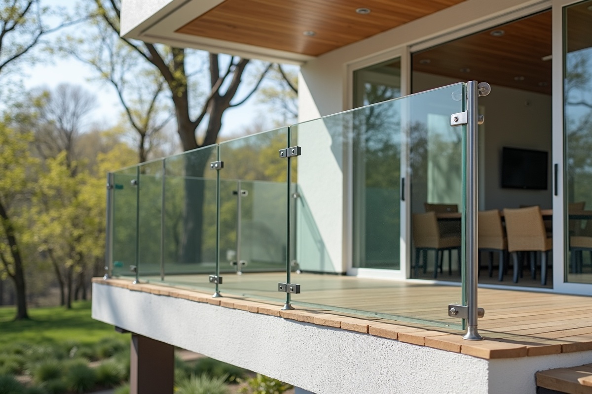 Frameless glass balcony railing installed with stainless steel standoff hardware on a modern Dallas residential deck