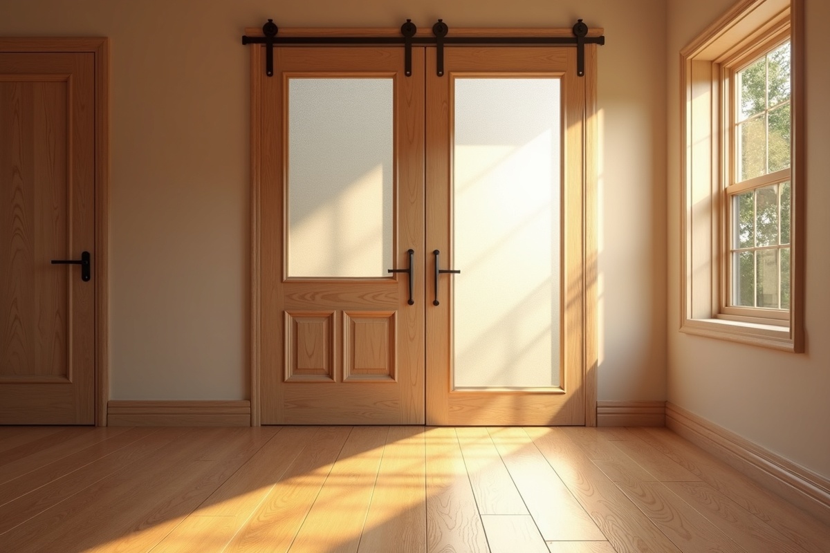 Wooden door next to a window casting light patterns on a wooden floor showing the light-transmission effect that frosted or reeded glass barn doors create in a Dallas home