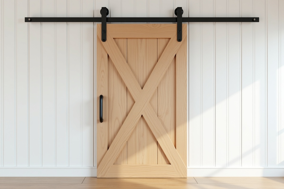 Wooden door on a white wooden wall showing the contrasting material palette and hardware proportions common on DFW glass barn door installations with black track hardware